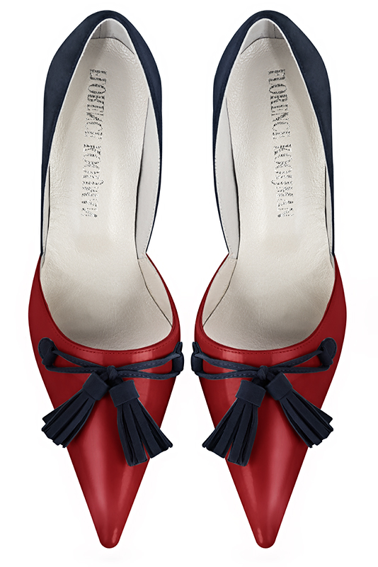 Scarlet red and navy blue women's open arch dress pumps. Pointed toe. High slim heel. Top view - Florence KOOIJMAN